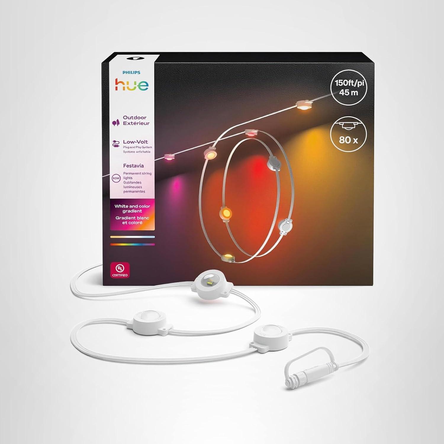 imagePhilips Hue Festavia 90ft Permanent Outdoor String Lights 48 Dimmable Lights 55 Lumens Each Weatherproof WaterResistant White Wire Color Ambience Bridge RequiredWhite