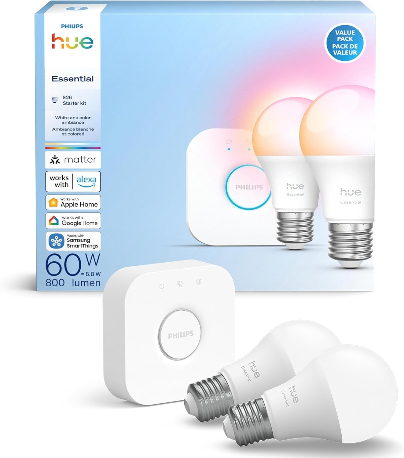 imagePHILIPS Hue Essential Starter Kit Hue Bridge 2 Essential E26 Smart Bulbs White amp Color Ambiance 2200K6500K Dimmable LED Bulbs Works with Alexa Google Assistant Samsung SmartThings Apple HomeStarter Kit