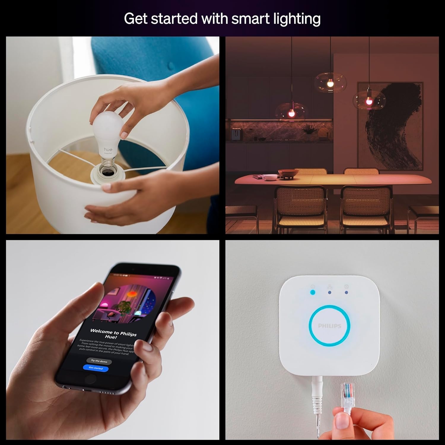 imagePHILIPS Hue Essential Starter Kit Hue Bridge 2 Essential E26 Smart Bulbs White amp Color Ambiance 2200K6500K Dimmable LED Bulbs Works with Alexa Google Assistant Samsung SmartThings Apple HomeStarter Kit