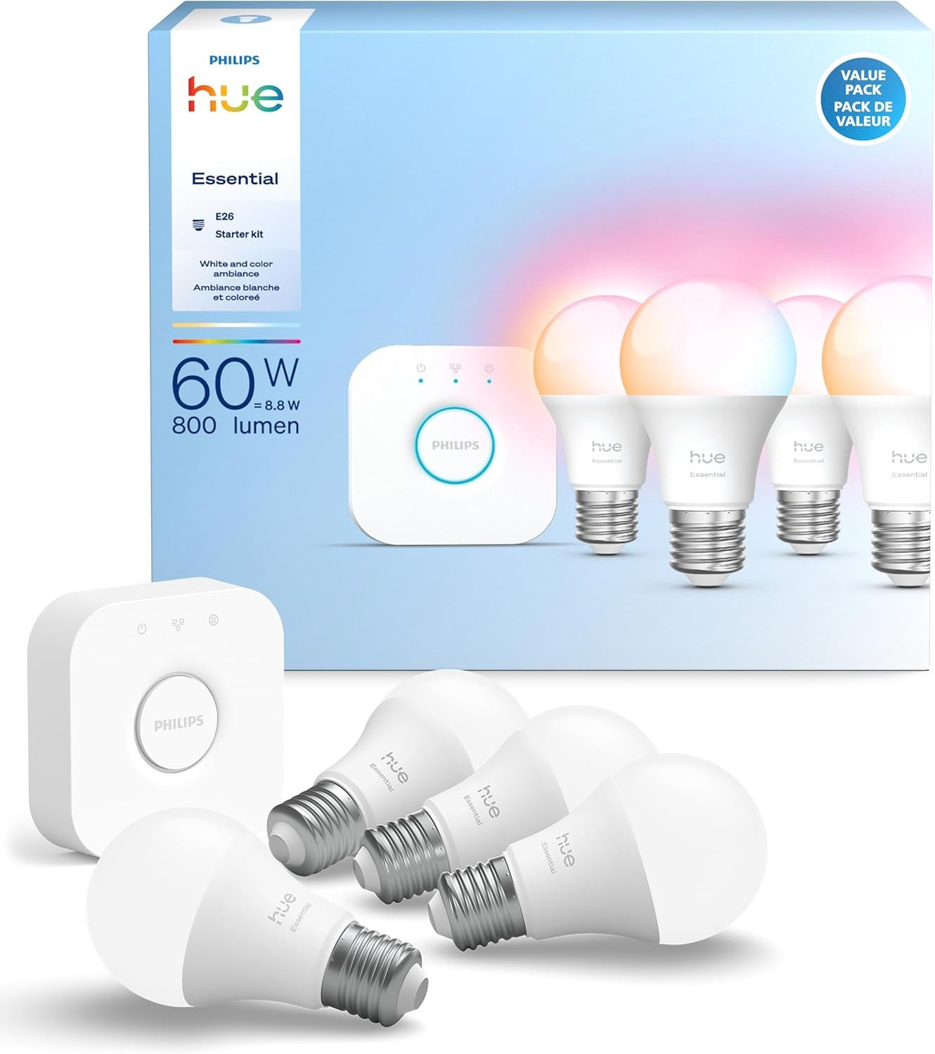imagePHILIPS Hue Essential Starter Kit Hue Bridge 2 Essential E26 Smart Bulbs White amp Color Ambiance 2200K6500K Dimmable LED Bulbs Works with Alexa Google Assistant Samsung SmartThings Apple HomeStarter Kit
