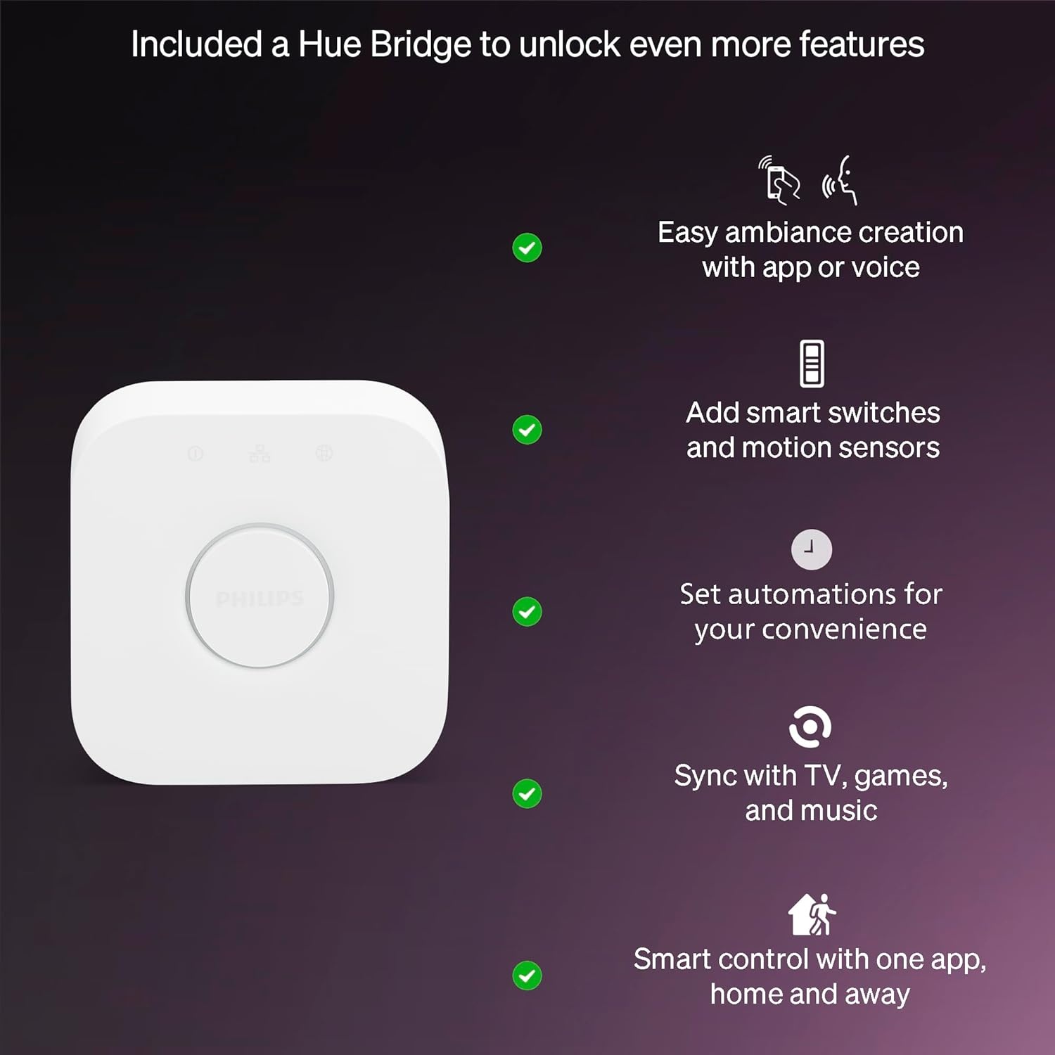 imagePHILIPS Hue Essential Starter Kit Hue Bridge 2 Essential E26 Smart Bulbs White amp Color Ambiance 2200K6500K Dimmable LED Bulbs Works with Alexa Google Assistant Samsung SmartThings Apple HomeStarter Kit