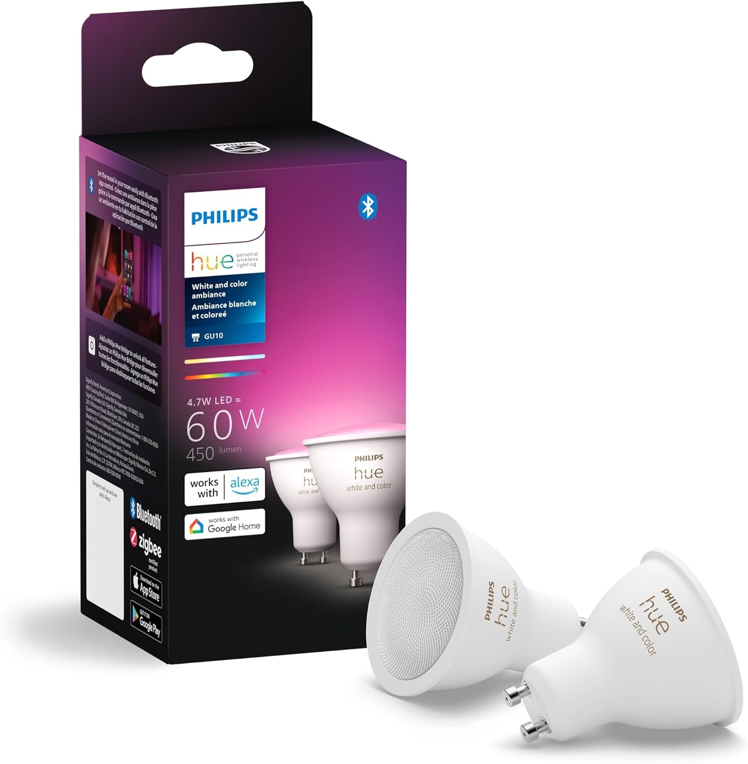 imagePhilips Hue White Ambiance 2Pack LED Smart GU10 Bulb Bluetooth amp Zigbee Compatible Hue Hub Optional Voice Activated with AlexaWhite and Color Ambiance