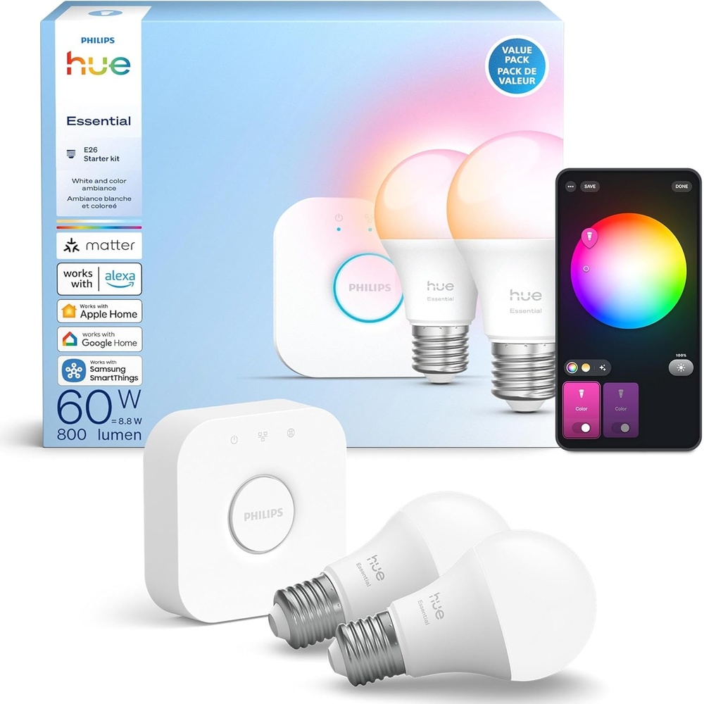 imagePHILIPS Hue Essential Starter Kit Hue Bridge 2 Essential E26 Smart Bulbs White amp Color Ambiance 2200K6500K Dimmable LED Bulbs Works with Alexa Google Assistant Samsung SmartThings Apple HomeStarter Kit