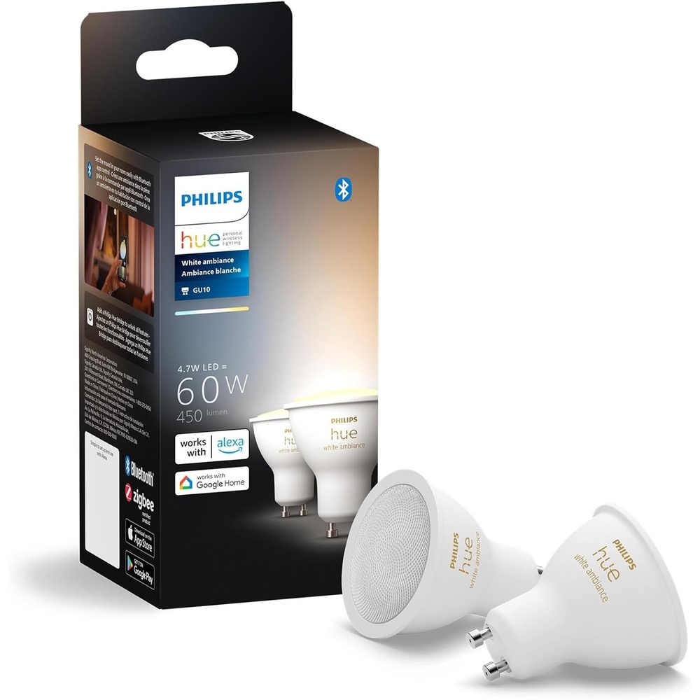 imagePhilips Hue White Ambiance 2Pack LED Smart GU10 Bulb Bluetooth amp Zigbee Compatible Hue Hub Optional Voice Activated with AlexaWhite Ambiance Original