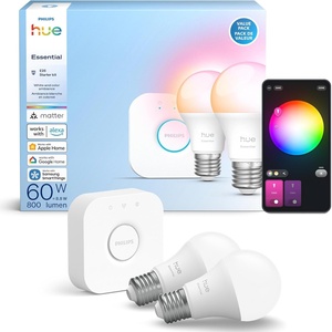 PHILIPS Hue Essential Starter Kit: Hue Bridge, 2 Essential E26 Smart Bulbs, White & Color Ambiance, 2200K-6500K, Dimmable LED Bulbs, Works with Alexa, Google Assistant, Samsung SmartThings, Apple Home(Starter Kit)