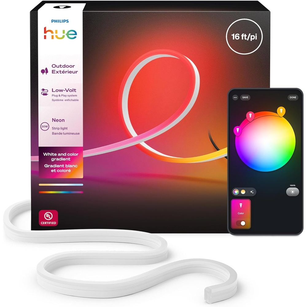 image:imageHue Neon Outdoor 16Feet Multicolor LED Strip Light 3000 lm Vibrant Color and Ambiance Flexible Outdoor Lighting Chromasync Color Blending Weatherproof LowVolt App and Voice Control
