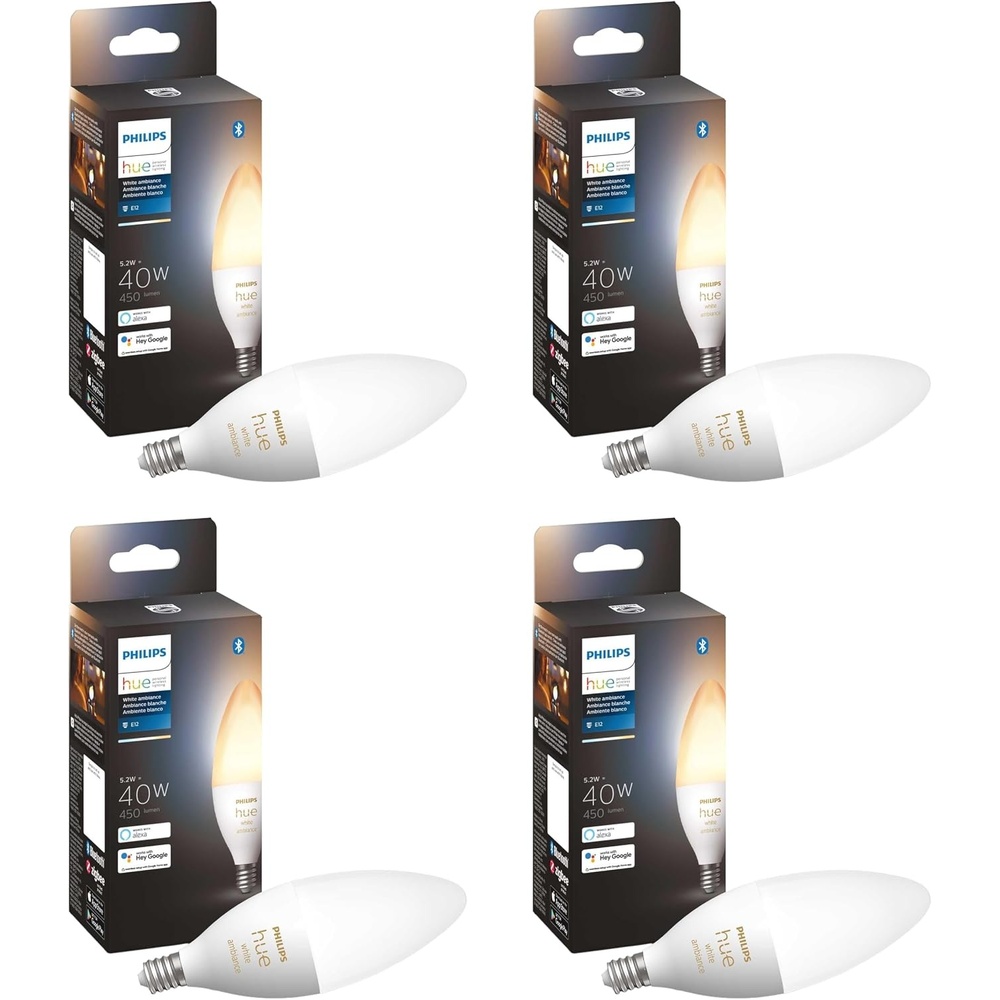image:imagePhilips Hue 40W B39 CandleShaped LED Bulb  White Ambiance 4 Pack  450LM  E12  Indoor  Control with Hue App  Compatible with Alexa and Google Assistant