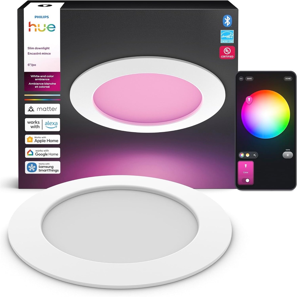 image:imagePhilips Hue Slim Downlight Recessed LED Ceiling Light 1Pack 1200 lm 6inch Canless Design FullSpectrum Daylight 1000K20000K UltraLow Dimming Precise Color Smart Lighting White