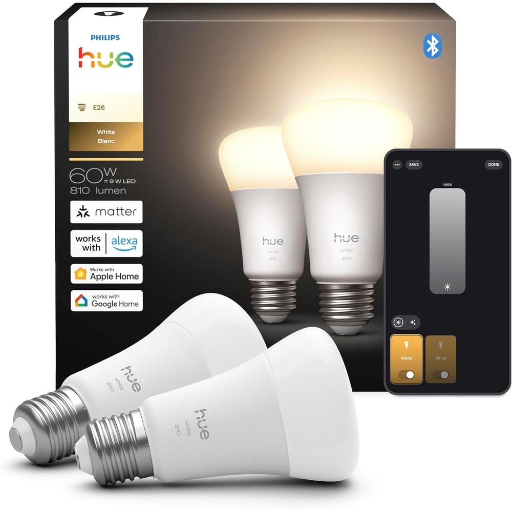 image:imagePhilips Hue Smart 60W A19 LED Bulb  Soft Warm White Light  4 Pack  800LM  E26  Indoor  Control with Hue App  Compatible with Alexa Google Assistant and Apple Homekit2 Pack