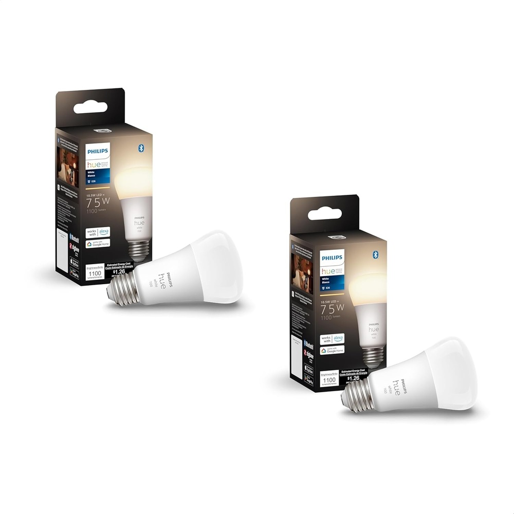 image:imagePhilips Hue Smart 75W A19 LED Bulb  Soft Warm White Light  2 Pack  1100LM  E26  Indoor  Control with Hue App  Compatible with Alexa Google Assistant and Apple Homekit