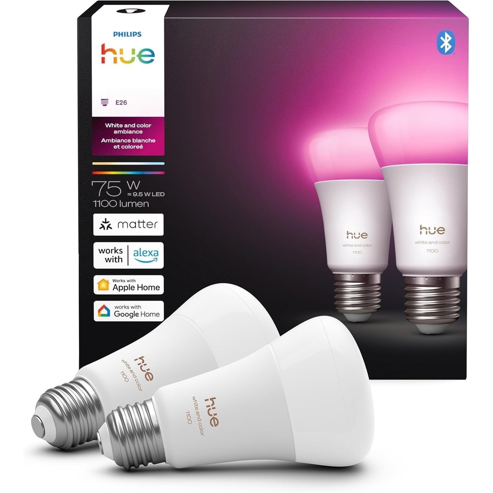 image:imagePhilips Hue Smart LED A19 Bulb 2Pack White and Color Ambiance E26 Base 95W Full Spectrum Light 1000K20000K 1100 Lumens Dimmable Compatible with Alexa Google Assistant Apple Home