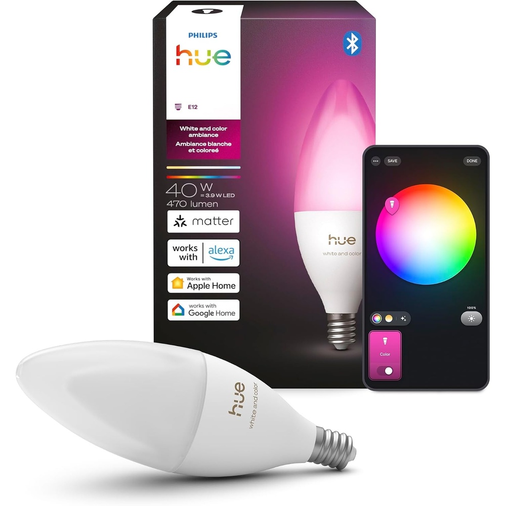 image:imagePhilips Hue Smart LED Candle Bulb B39 E12 1 Pack White and Color Ambiance Full Spectrum Light 1000K20000K 470 lm UltraLow Dimming Chromasync Alexa Google Home Apple Home