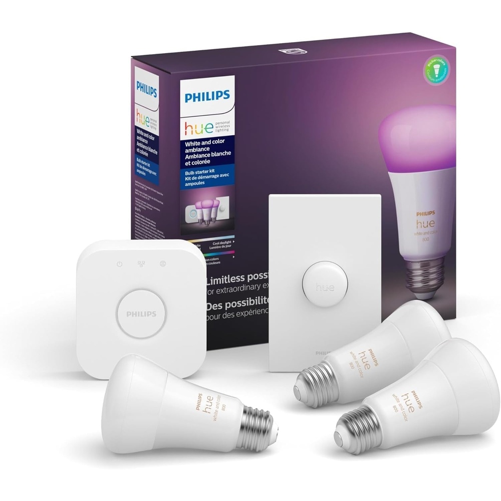 image:imagePhilips Hue White and Color Ambiance Base Lumen 60W Smart Button Starter Kit 16 Millions Colors Works with Amazon Alexa Google Assistant Apple HomeKit 60 Watt OLD VERSIONWhite and Color Ambiance