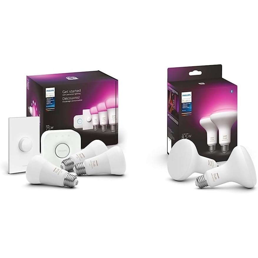 image:imagePhilips Hue White and Color Ambiance Medium Lumen 75W Smart Button Starter Kit amp White amp Color Ambiance BR30 LED Smart Bulbs 16 Million Colors Hue Hub Required 2 Bulbs 578096White and Color Ambiance