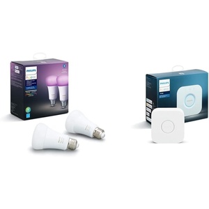 Philips Hue (1) Bridge with (2) Smart 60W A19 LED Bulb, White and Color Ambiance Color-Changing Light, 800LM, E26 – Control with Hue App – Works with Alexa, Google Assistant, Apple Homekit, and Matter(60W A19 2PK + Bridge)