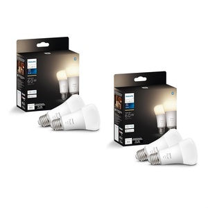 Philips Hue Smart 60W A19 LED Bulb – Soft Warm White Light – 4 Pack – 800LM – E26 – Indoor – Control with Hue App – Compatible with Alexa, Google Assistant and Apple Homekit(4-Pack (Two 2-Packs))