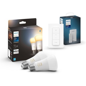Philips Hue Smart Bundle: 2-Pack White A19 Bluetooth + V2 Dimmer Switch (Hue Hub Optional, Compatible with Alexa, Google Assistant)(Bulbs + Dimmer)