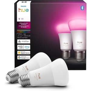 Philips Hue Smart LED A19 Bulb 2-Pack, White and Color Ambiance, E26 Base, 9.5W, Full Spectrum Light 1000K-20000K, 1100 Lumens, Dimmable, Compatible with Alexa, Google Assistant, Apple Home