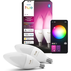Philips Hue Smart LED Candle Bulb, B39, E12, 2 Pack, White and Color Ambiance, Full Spectrum Light 1000K-20000K, 470 lm, Ultra-Low Dimming, Chromasync, Alexa, Google Home, Apple Home