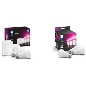 Philips Hue Smart Light Starter Kit – Includes (1) Bridge, (1) Dimmer Switch & Smart 60W A19 LED Bulb – White and Color Ambiance Color-Changing Light – 3 Pack