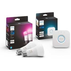 Philips Hue White and Color Ambiance A19 Bluetooth 75W Smart LED Bulb 2-Pack & Bridge Smart Lighting Hub (Compatible with Amazon Alexa, Apple HomeKit and Google Assistant) – White