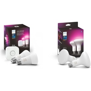 Philips Hue White and Color Ambiance Smart Light Starter Kit, Includes (2) 60W A19 Smart Bulbs with Hue Bridge & White & Color Ambiance BR30 LED Smart Bulbs, 16 Million Colors (Hue Hub Required) 2(White and Color Ambiance)