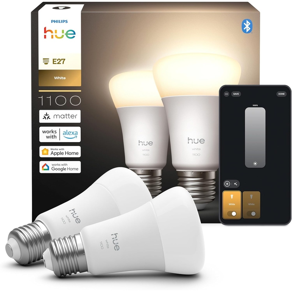 image:imagePhilips Hue Smart LED A60 Bulb Warm White Light 2700 K LED Bulb with E27 Socket 95 W 1100 Lumens Dimmable Smart Light Compatible with Alexa Google Assistant and Apple Home Pack of 2