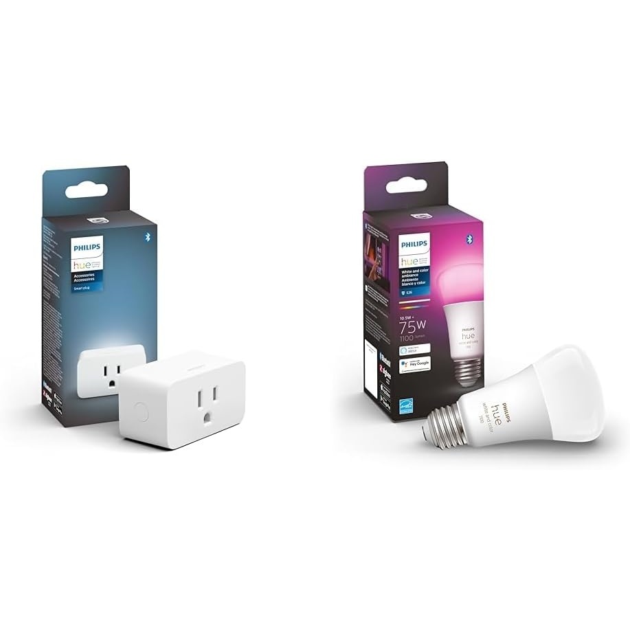 image:imagePhilips Hue Smart Plug White  1 Pack  Turns Any Light Into a Smart Light  Control with Hue App amp Smart 75W A19 LED Bulb  White and Color Ambiance ColorChanging Light  1 PackWhite
