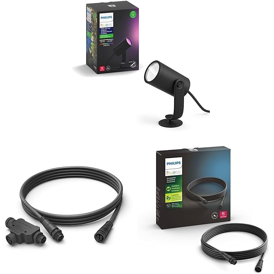 image:imagePhilips Hue White and Color Ambiance Lily Outdoor Light Extension Black amp Outdoor 8 Foot Cable and T Connector amp Outdoor 16 Foot Cable Extension  1 16 Foot Cable