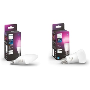 Philips Hue Smart 40W B39 Candle and 75W A19 LED Bulbs Bundle – White and Color Ambiance Color-Changing Lights – 1 Pack Each – 450LM and 1100LM(White and Color Ambiance)