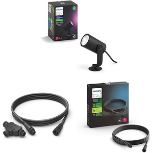 Philips Hue White and Color Ambiance Lily Outdoor Light Extension, Black & Outdoor 8 Foot Cable and T Connector & Outdoor 16 Foot Cable Extension – (1) 16 Foot Cable