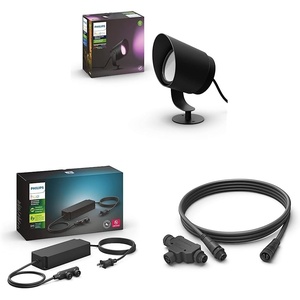 Philips Hue White and Color Ambiance Lily XL Outdoor Light Extension – 1 Light and Mounting Kit & 100W Power Supply & 8ft Outdoor Cable Connector + T-Part, Black(Lily XL Extension + Power Supply + Connector)