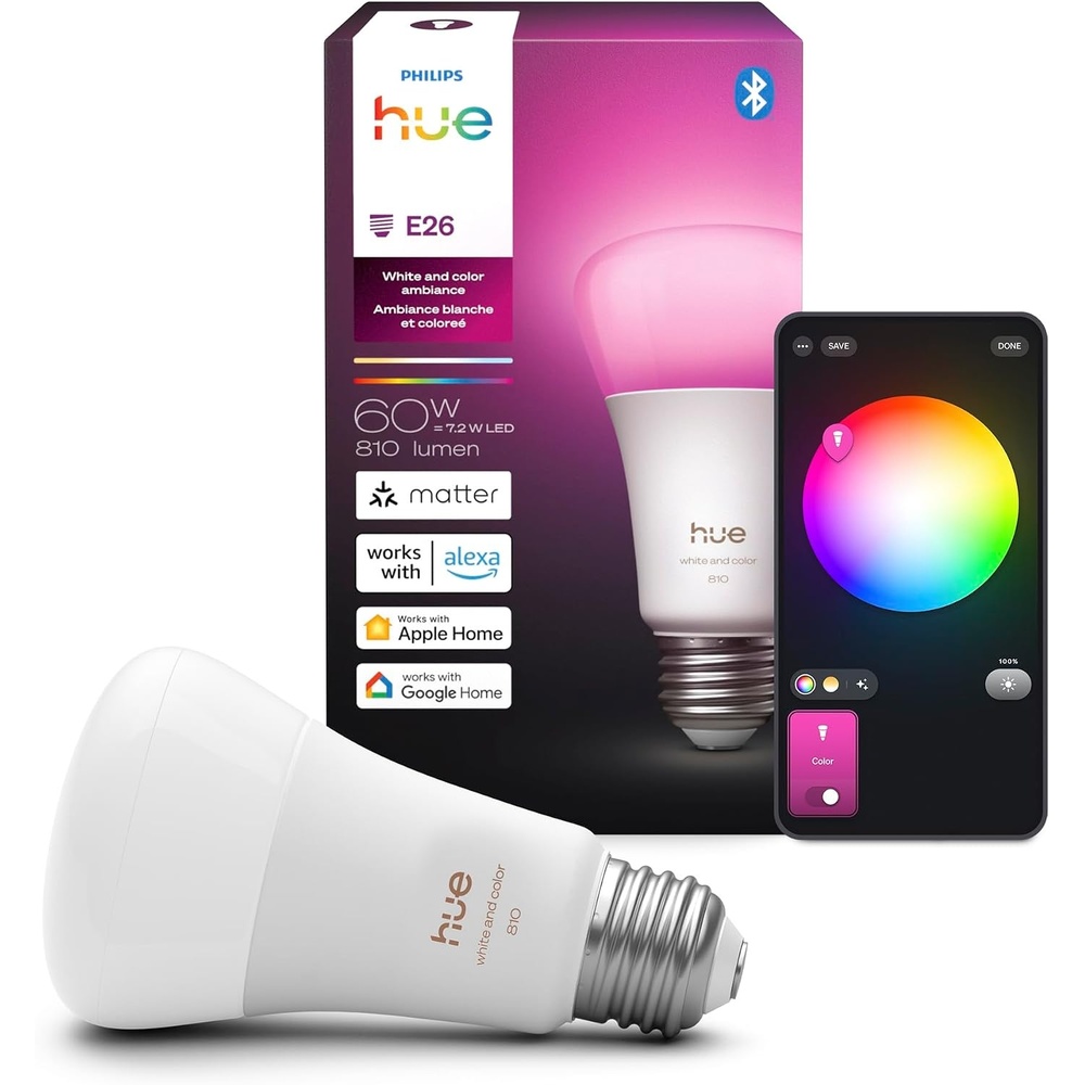 image:imagePhilips Hue Smart 60W A19 LED Bulb  White and Color Ambiance ColorChanging Light  2 Pack  800LM  E26  Indoor  Control with Hue App  Compatible with Alexa Google Assistant and Apple HomekitChromasync