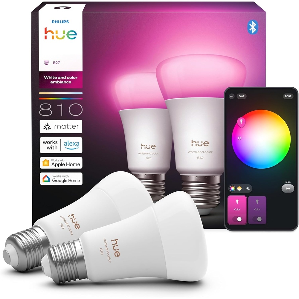 image:imagePhilips Hue Smart LED A60 Bulb White and Color Ambiance E27 Base 6W Full Spectrum Light 1000K20000K 810 Lumens Dimmable Compatible with Alexa Google Assistant and Apple Home 2 Pack