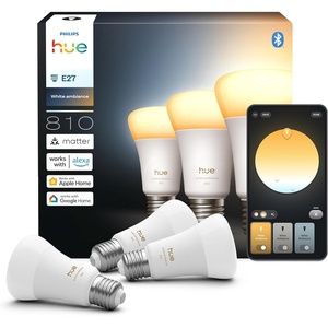 Philips Hue Smart LED A60 Bulb, White Ambiance, E27 Base, 6W, Full Spectrum Light 1000K-20000K, 810 Lumens, Dimmable, Compatible with Alexa, Google Assistant, and Apple Home, 3 Pack