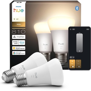 Philips Hue Smart LED A60 Lamp, Warm White Light 2700K, LED Bulb with E27 Socket, 7W, 810 Lumens, Dimmable, Smart Light Compatible with Alexa, Google Assistant and Apple Home, Pack of 2