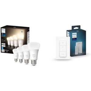 Philips Hue White Smart Bulbs (4-Pack) and Smart Dimmer Switch Bundle